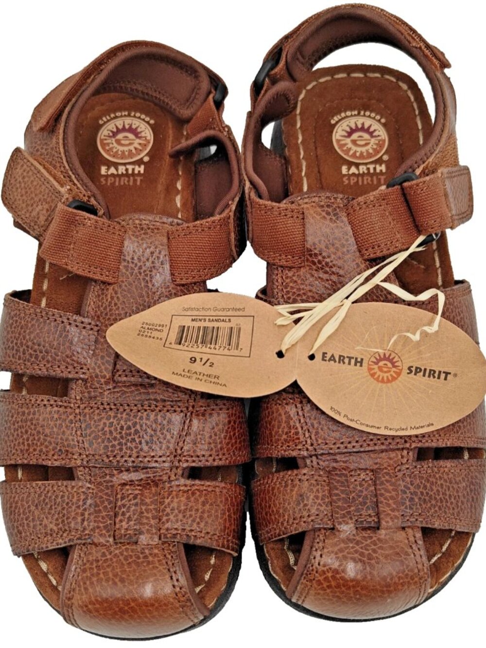 Earth Spirit Gelron 2000 Mens 9.5 Cognac Leather Fisherman Sandals Almond